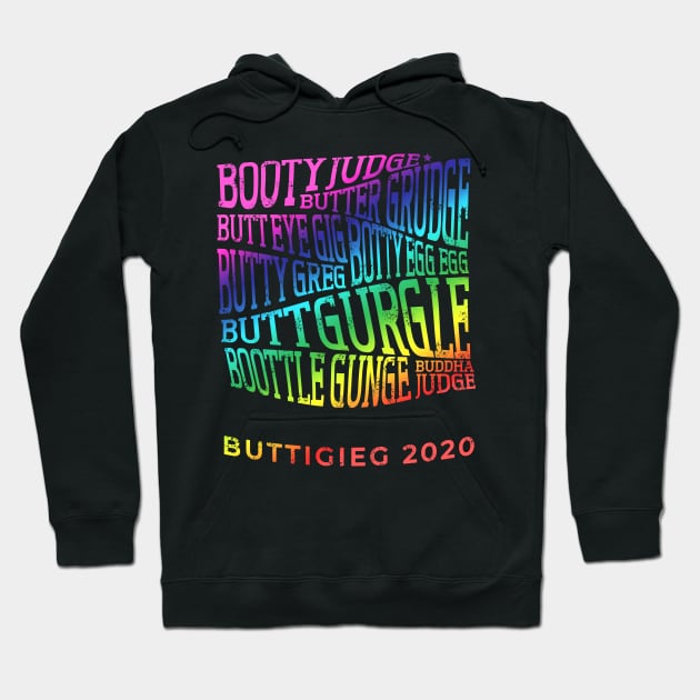How do you say Mayor Pete Buttigieg's name? Rainbow trippy retro list of ways people say it. Hoodie by YourGoods